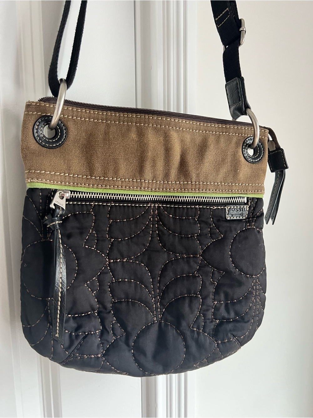 Fossil Quilted Black and Brown Crossbody with Contrast Zip